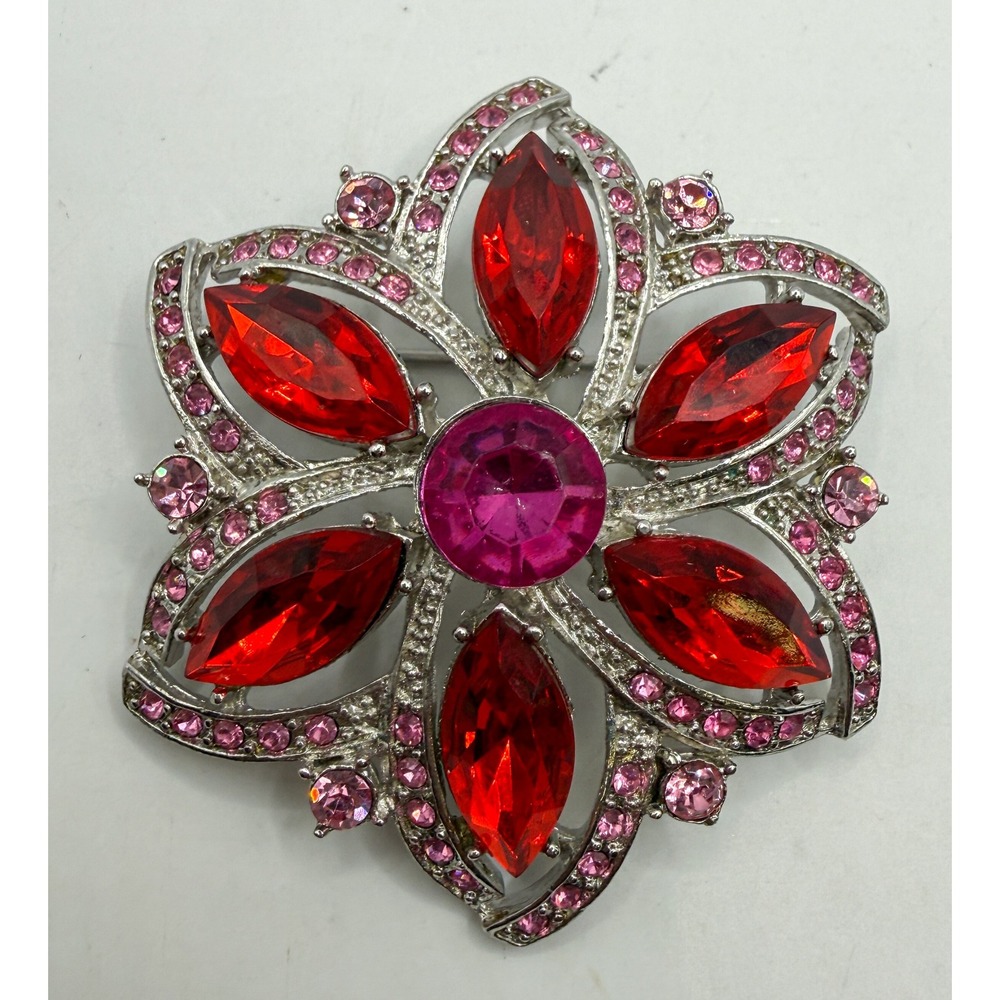 VTG Silver Tone Pink Red Rhinestone Flower Brooch Pin Sparkle Floral